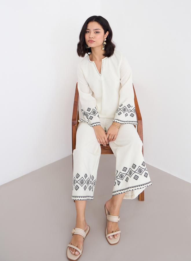 Styli Cream Border Print Notch Neck Top and Pants Co-Ords - Image 3