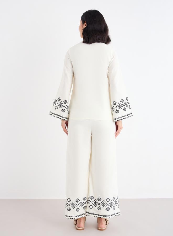 Styli Cream Border Print Notch Neck Top and Pants Co-Ords - Image 5