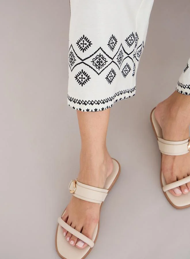 Styli Styli Cream Border Print Notch Neck Top and Pants Co-Ords
