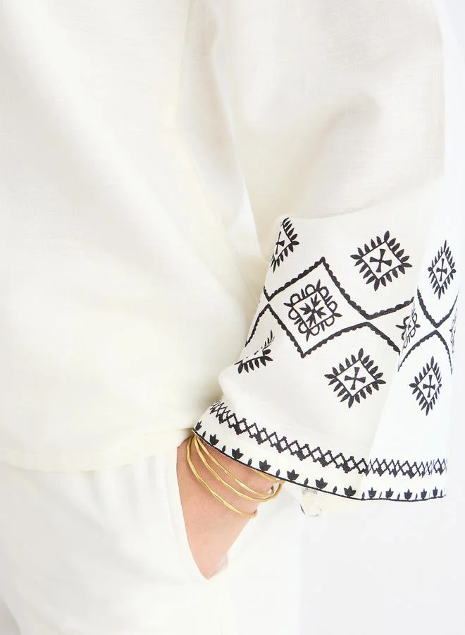 Styli Styli Cream Border Print Notch Neck Top and Pants Co-Ords