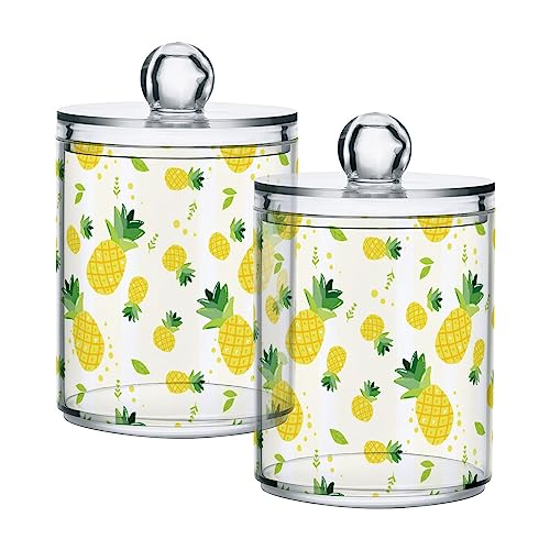 SDMKA 2 Pack Apothecary Jars Bathroom Summer Pineapple Qtip Holder Storage Canister Clear Plastic Jar with Lid for Cotton Ball Cotton Swab - Image 1