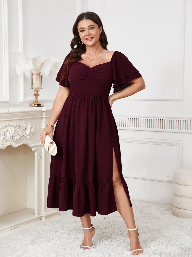 SCOMCHIC Womens Plus Size Wedding Guest Cocktail Dresses Sweetheart Neckline Short Sleeve Smocked Ruffle Slit Maxi Dress Burgundy - Image 3
