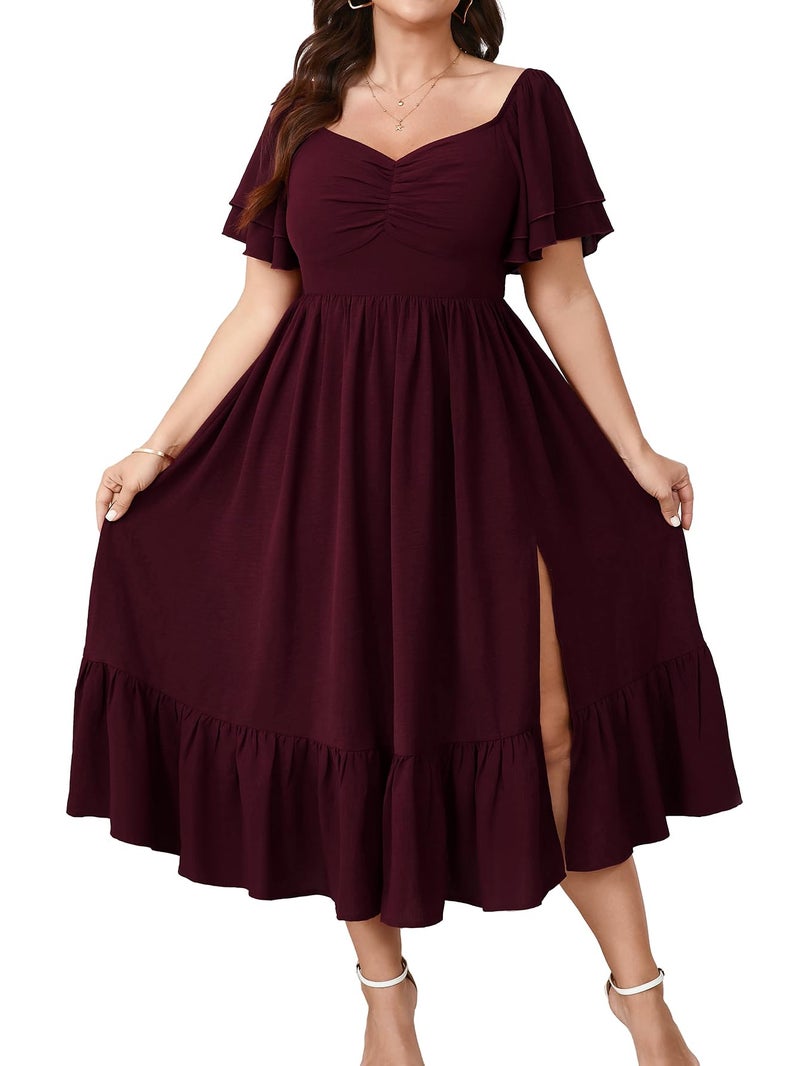 SCOMCHIC Womens Plus Size Wedding Guest Cocktail Dresses Sweetheart Neckline Short Sleeve Smocked Ruffle Slit Maxi Dress Burgundy - Image 1