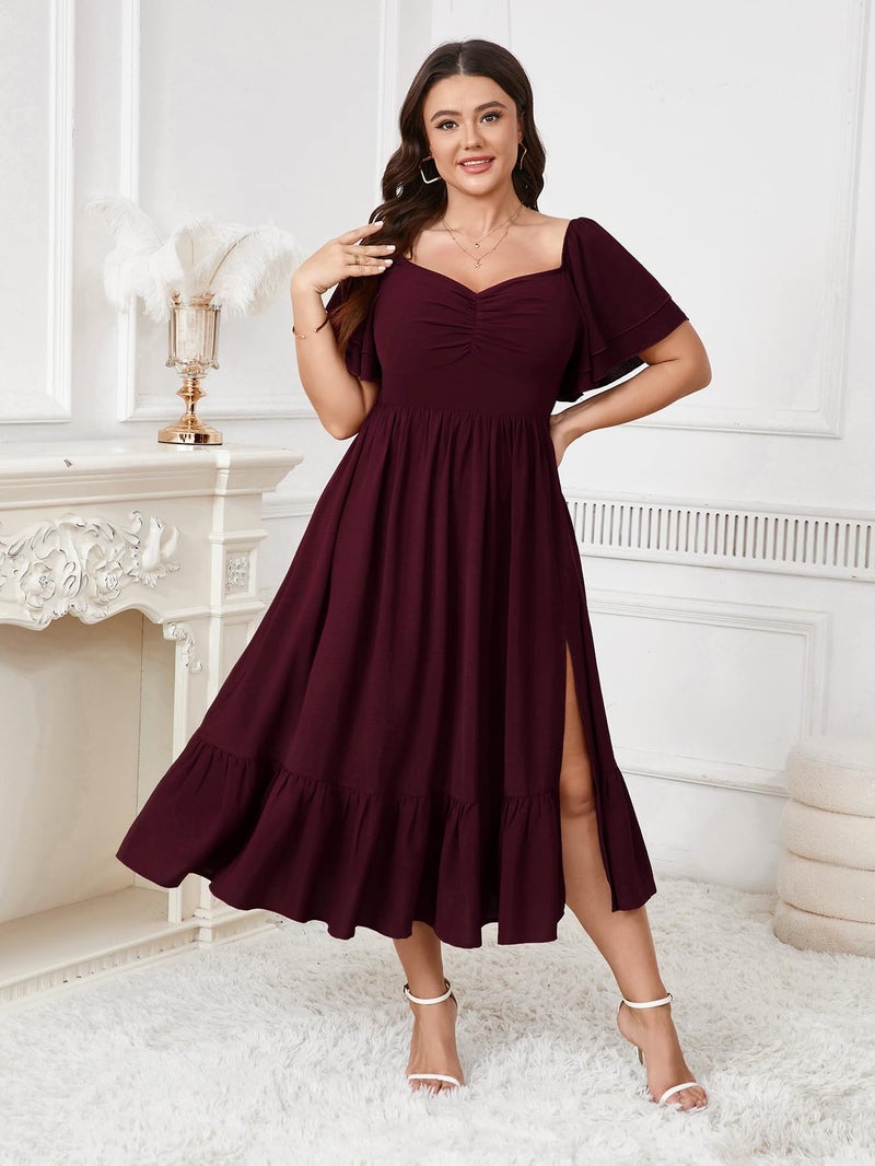 SCOMCHIC Womens Plus Size Wedding Guest Cocktail Dresses Sweetheart Neckline Short Sleeve Smocked Ruffle Slit Maxi Dress Burgundy - Image 2