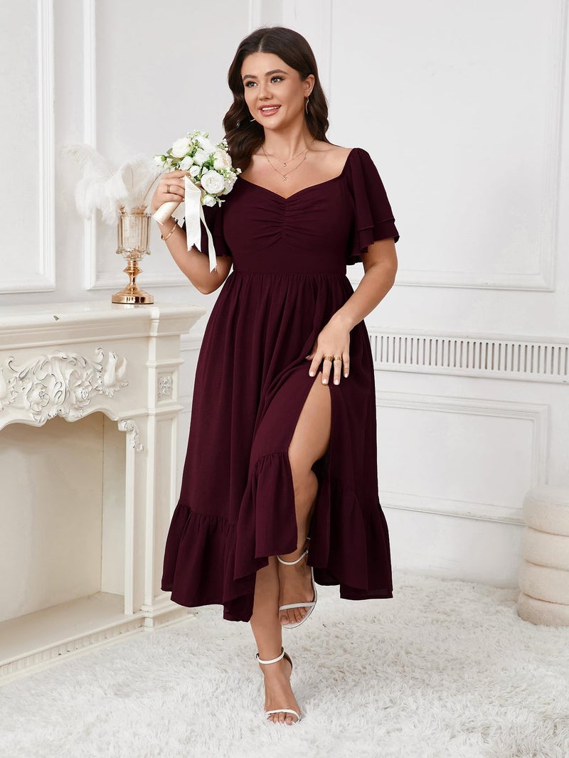 SCOMCHIC Womens Plus Size Wedding Guest Cocktail Dresses Sweetheart Neckline Short Sleeve Smocked Ruffle Slit Maxi Dress Burgundy - Image 4