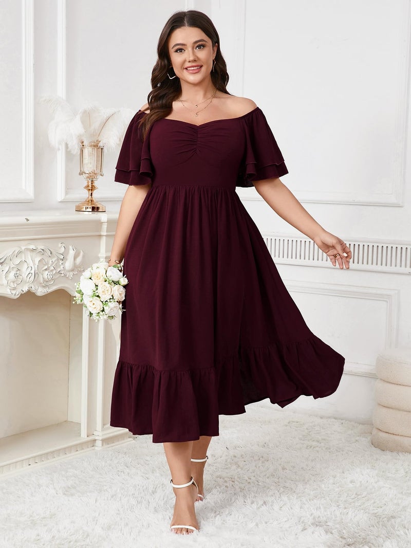 SCOMCHIC Womens Plus Size Wedding Guest Cocktail Dresses Sweetheart Neckline Short Sleeve Smocked Ruffle Slit Maxi Dress Burgundy - Image 5