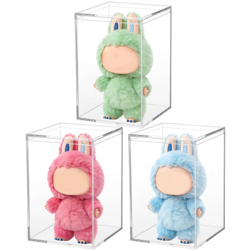 YEXEXINM 3 Pack Clear Plastic Stackable Display Case with Lid Display Case Compatible with Labubu POP MART Acrylic Clear Display Box Shelf Figure Display Case for Plush Collectibles Action Figures - Image 1