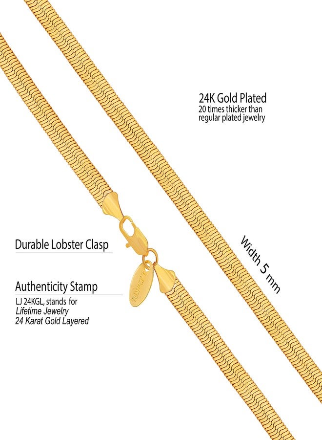 LIFETIME JEWELRY 5mm Flexible Herringbone Chain Necklace 24k Real Gold Plated (20 inches, Gold) - Image 3