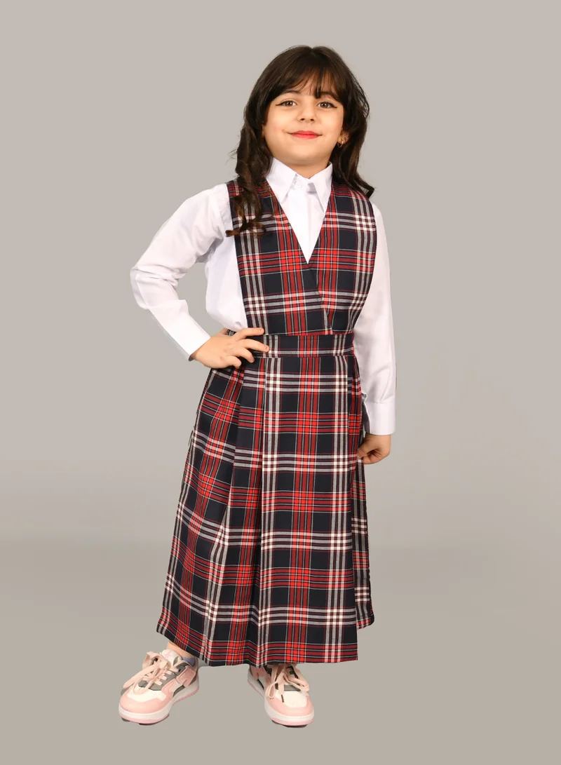 HAWRAA ABAYA Girls' red checkered kindergarten apron with a gathered waist and side pleats