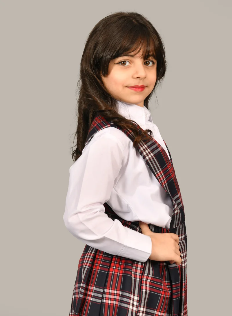 HAWRAA ABAYA Girls' red checkered kindergarten apron with a gathered waist and side pleats