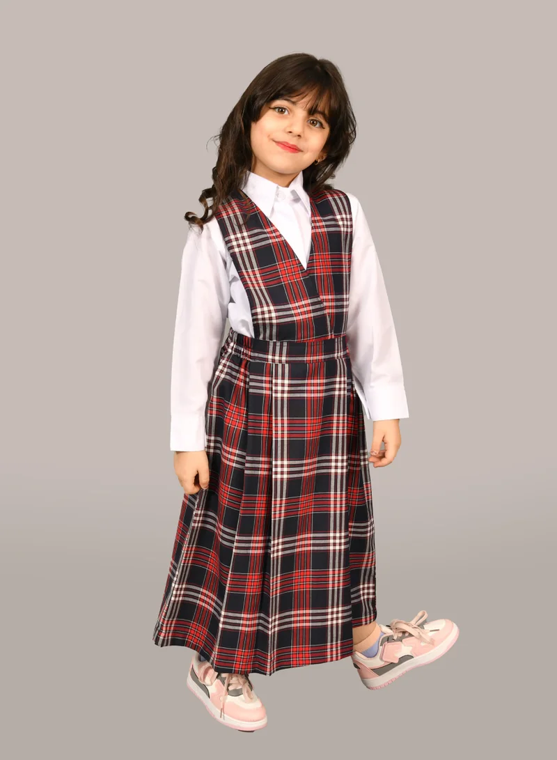 HAWRAA ABAYA Girls' red checkered kindergarten apron with a gathered waist and side pleats