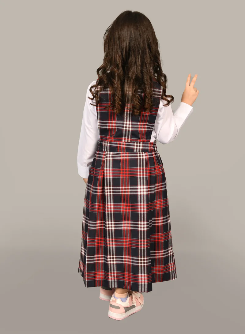 HAWRAA ABAYA Girls' red checkered kindergarten apron with a gathered waist and side pleats