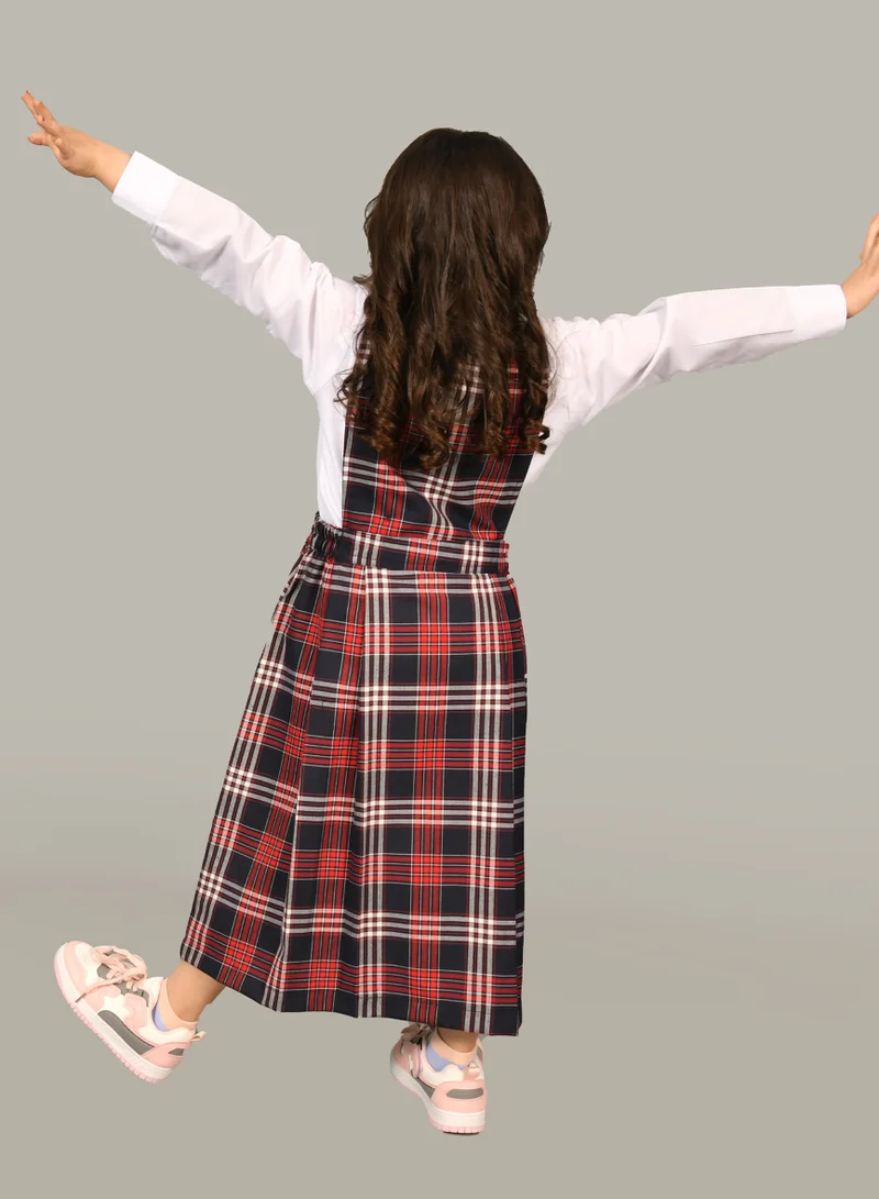 HAWRAA ABAYA Girls' red checkered kindergarten apron with a gathered waist and side pleats