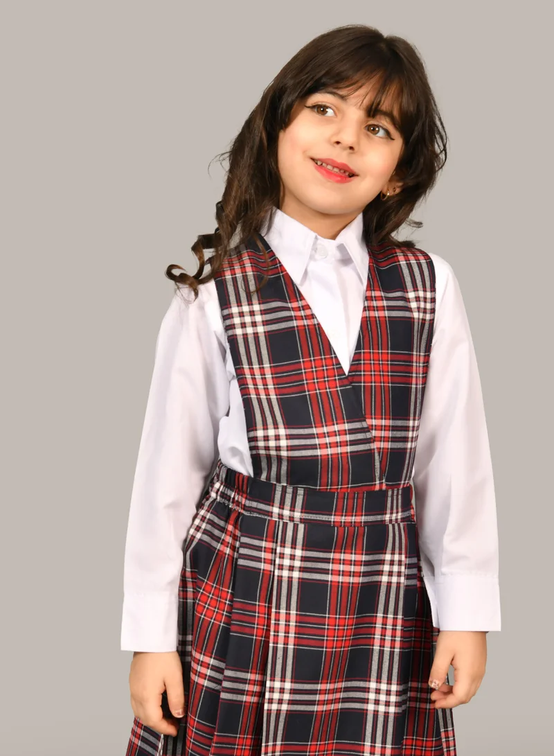 HAWRAA ABAYA Girls' red checkered kindergarten apron with a gathered waist and side pleats