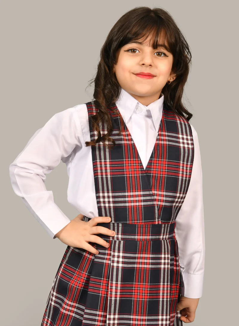 HAWRAA ABAYA Girls' red checkered kindergarten apron with a gathered waist and side pleats