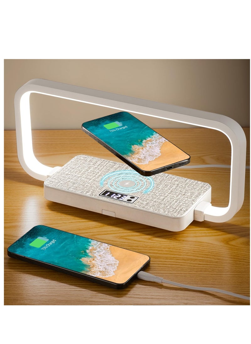 SYOSI - Bedside Lamp, Touch Lamps with Wireless Charger & USB Charging Port, Table Lamp with Clock, Bedroom Lamp with Phone Holder, Dimmable Desk Lamp, 3 Color Modes, Wooden Light for Bedroom - Image 1