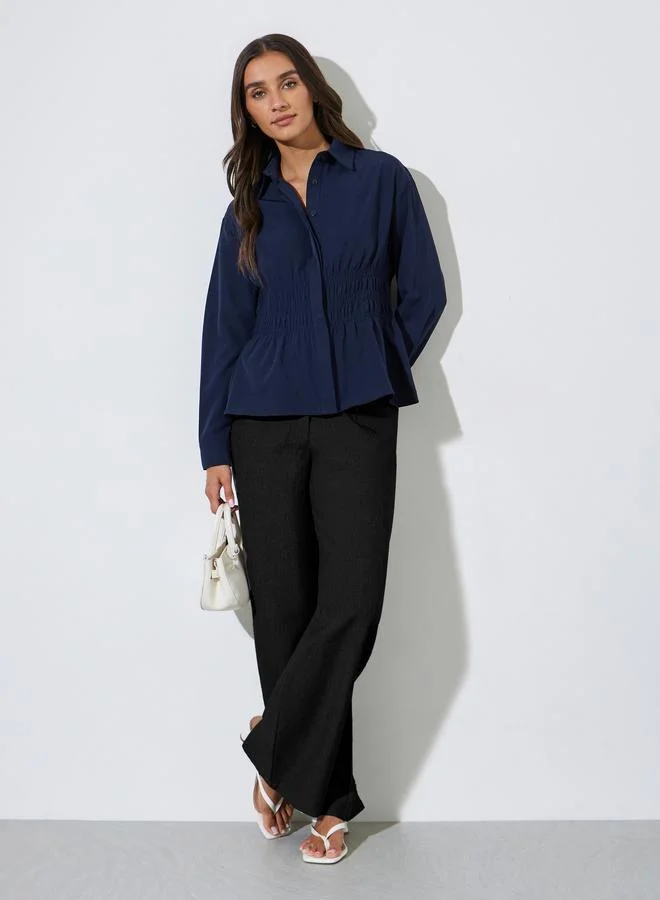 Styli Navy Blue Solid Smoked Waist Shirt