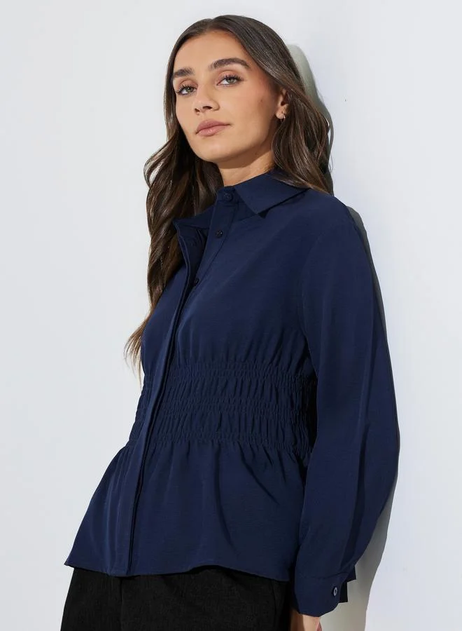 Styli Navy Blue Solid Smoked Waist Shirt