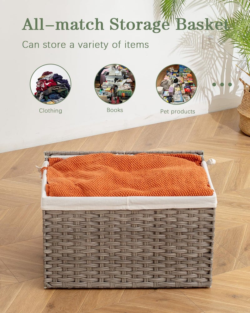 SETVSON Storage Basket with Lid, PE Rattan Woven Storage Baskets with 2 Separate Lids, 17.2 Gallon (65 L), 22.2 x 13 x 13.8 Inches, 2 Removable Liner Bags Handles for Bedroom, Laundry Room Gray - Image 5
