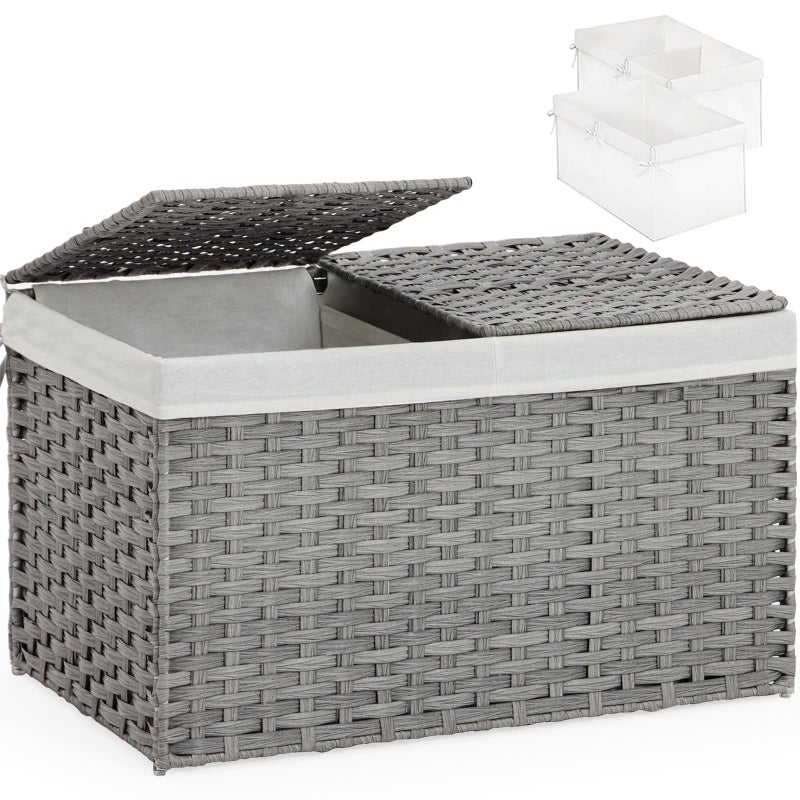 SETVSON Storage Basket with Lid, PE Rattan Woven Storage Baskets with 2 Separate Lids, 17.2 Gallon (65 L), 22.2 x 13 x 13.8 Inches, 2 Removable Liner Bags Handles for Bedroom, Laundry Room Gray - Image 1