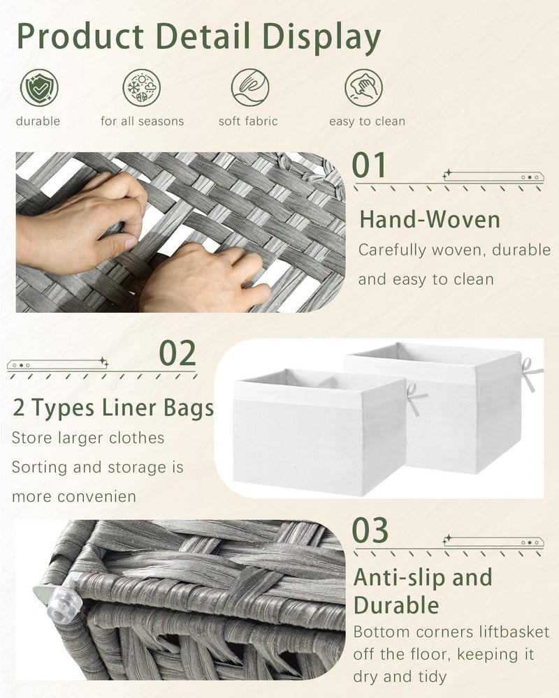 SETVSON Storage Basket with Lid, PE Rattan Woven Storage Baskets with 2 Separate Lids, 17.2 Gallon (65 L), 22.2 x 13 x 13.8 Inches, 2 Removable Liner Bags Handles for Bedroom, Laundry Room Gray - Image 3