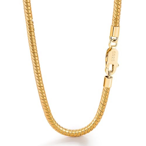 Dankadi Italy 925 Sterling Silver Snake Chain Necklace Men Women 3MM4MM Rolo Link Round Chain Chokers 18 20 22 24 26 28 30 Unisex Fine Jewelry Gift 4MM Gold 16 inches - Image 1
