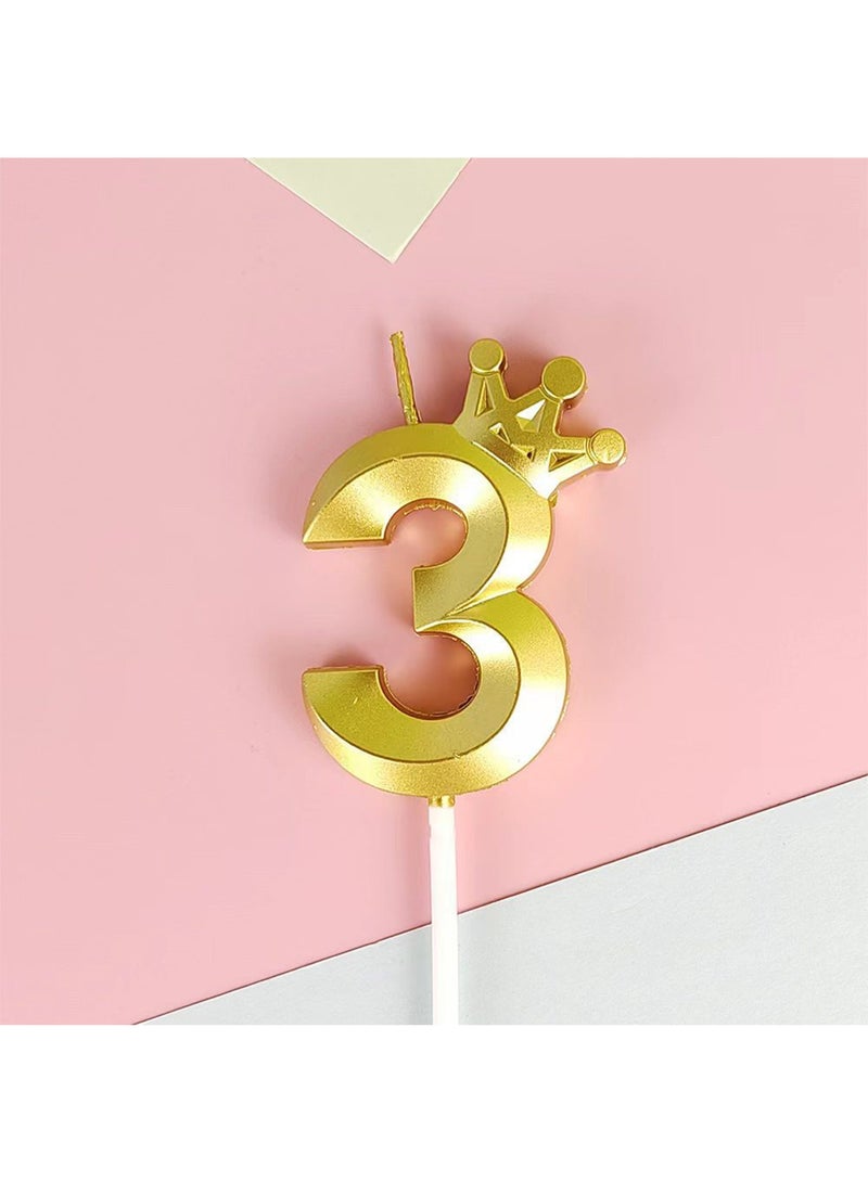 l&wen Crown Birthday Candles, Metallic Number Candles with Holders, Glitter Party Candles for Birthday, Wedding, Anniversary, Party Decorations (Number 3, Gold) - Image 1