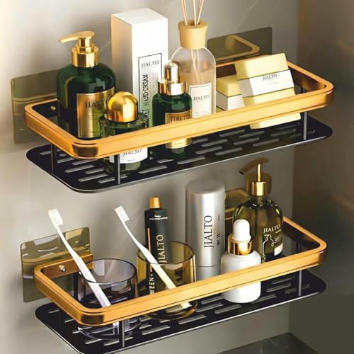 JIALTO 2 Pcs Aluminum Wall Mounted Bathroom Organiser | Floating Shelf for Wall for Bathroom Cabinet | Multifunctional Large Capacity Bathroom Rack | Bathroom Shelf for Wall (Gold) - Image 1