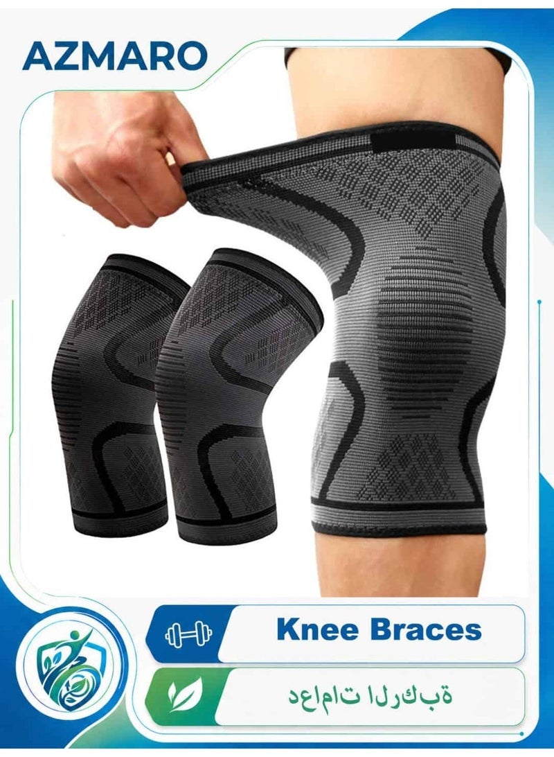 AZMARO 2PCS Knee Compression Sleeves, Anti-Slip Breathable Knee Support Brace for Men & Women, Pain Relief for Arthritis & Joint Injuries, Sports Knee Pads for Running, Cycling, Basketball, Gym (Size L) - Image 1