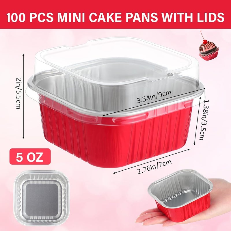 Skylety 100 Pcs 5 oz Mini Square Baking Pan with Lid Aluminum Foil Cupcake Pan Brownie Baking Cup Disposable Ramekins Individual Tin Dessert Containers for Kitchen, Food Grade Material(Red) - Image 2