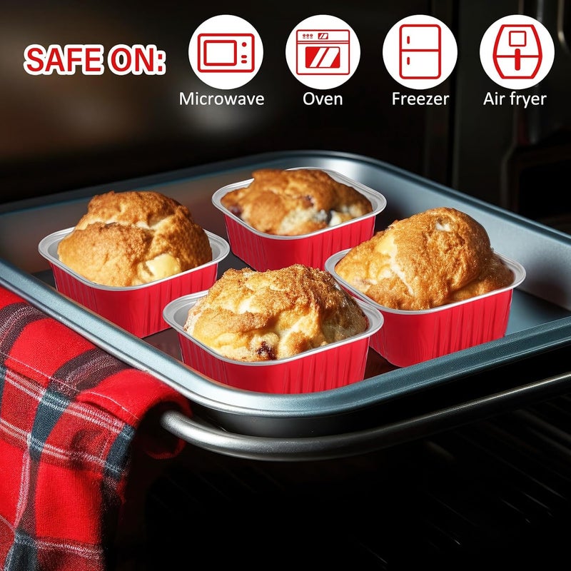 Skylety 100 Pcs 5 oz Mini Square Baking Pan with Lid Aluminum Foil Cupcake Pan Brownie Baking Cup Disposable Ramekins Individual Tin Dessert Containers for Kitchen, Food Grade Material(Red) - Image 3