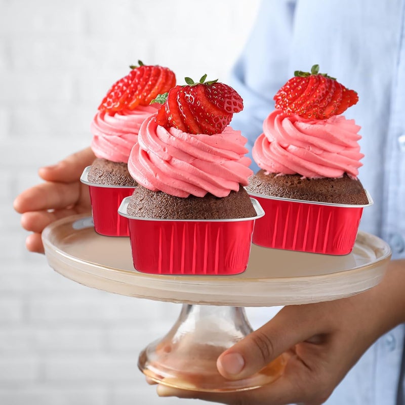 Skylety 100 Pcs 5 oz Mini Square Baking Pan with Lid Aluminum Foil Cupcake Pan Brownie Baking Cup Disposable Ramekins Individual Tin Dessert Containers for Kitchen, Food Grade Material(Red) - Image 5