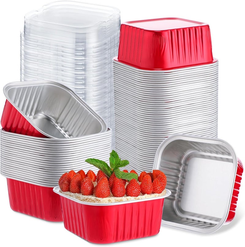 Skylety 100 Pcs 5 oz Mini Square Baking Pan with Lid Aluminum Foil Cupcake Pan Brownie Baking Cup Disposable Ramekins Individual Tin Dessert Containers for Kitchen, Food Grade Material(Red) - Image 1