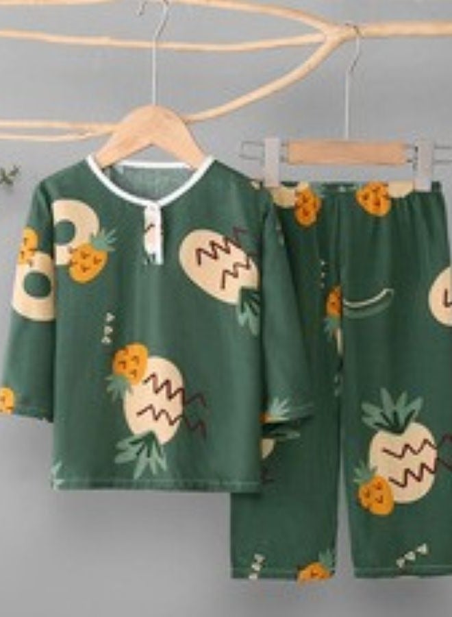 Green Colour Pineapple Pajama Set Cotton Soft Base Layer Top & High Waist Bottom Children's Underwear Set Brown 