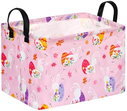 FUULOXE Rectangular Easter Basket Storage Bin for Shelves Cute Gifts Baskets Foldable Box with Handles for Boy and Girl Home Office Car Dormroom Easter Party Supplies - Image 1