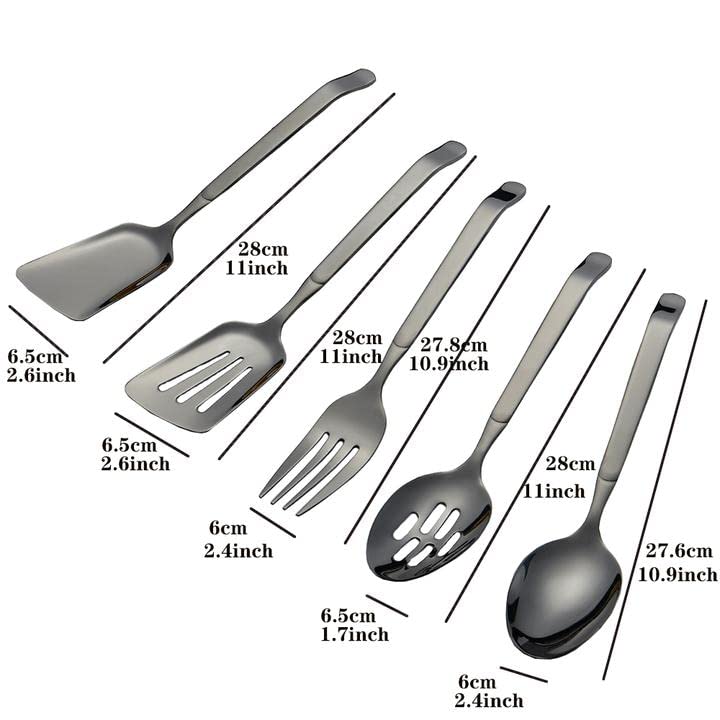 MBBITL 5 Pcs Black Kitchen Utensils Set Slotted Spactula Wide Turner Serving Spoon Slotted Spoon Dinner Fork Cooking Tool Set - Image 2