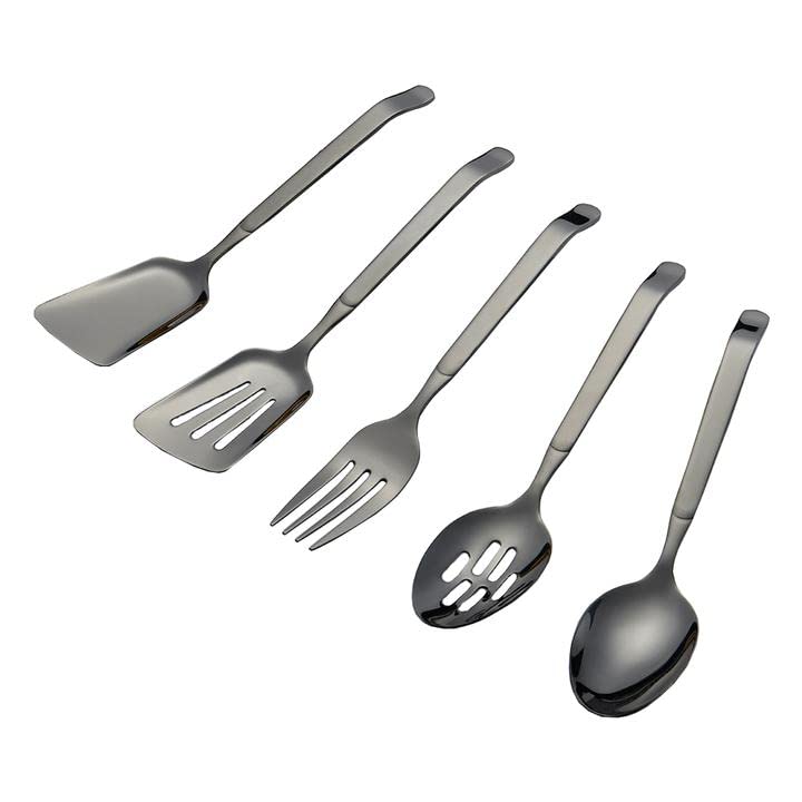 MBBITL 5 Pcs Black Kitchen Utensils Set Slotted Spactula Wide Turner Serving Spoon Slotted Spoon Dinner Fork Cooking Tool Set - Image 1