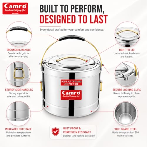 Camro Sambar Pot Stainless Steel 10 Liters | Sambar Pot with Lid | Casserole for Cooking | Canteen & Hotel Container | Picnic HotPot | Biryani Box Puff Insulated Hot & Cold Serving - Image 3
