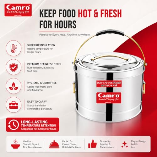 Camro Sambar Pot Stainless Steel 10 Liters | Sambar Pot with Lid | Casserole for Cooking | Canteen & Hotel Container | Picnic HotPot | Biryani Box Puff Insulated Hot & Cold Serving - Image 2