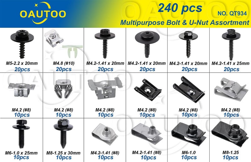 OAUTOO 240pcs Body Multipurpose Bolt & U-Nut Kit Assortment for GM Ford Chrysler - Image 2