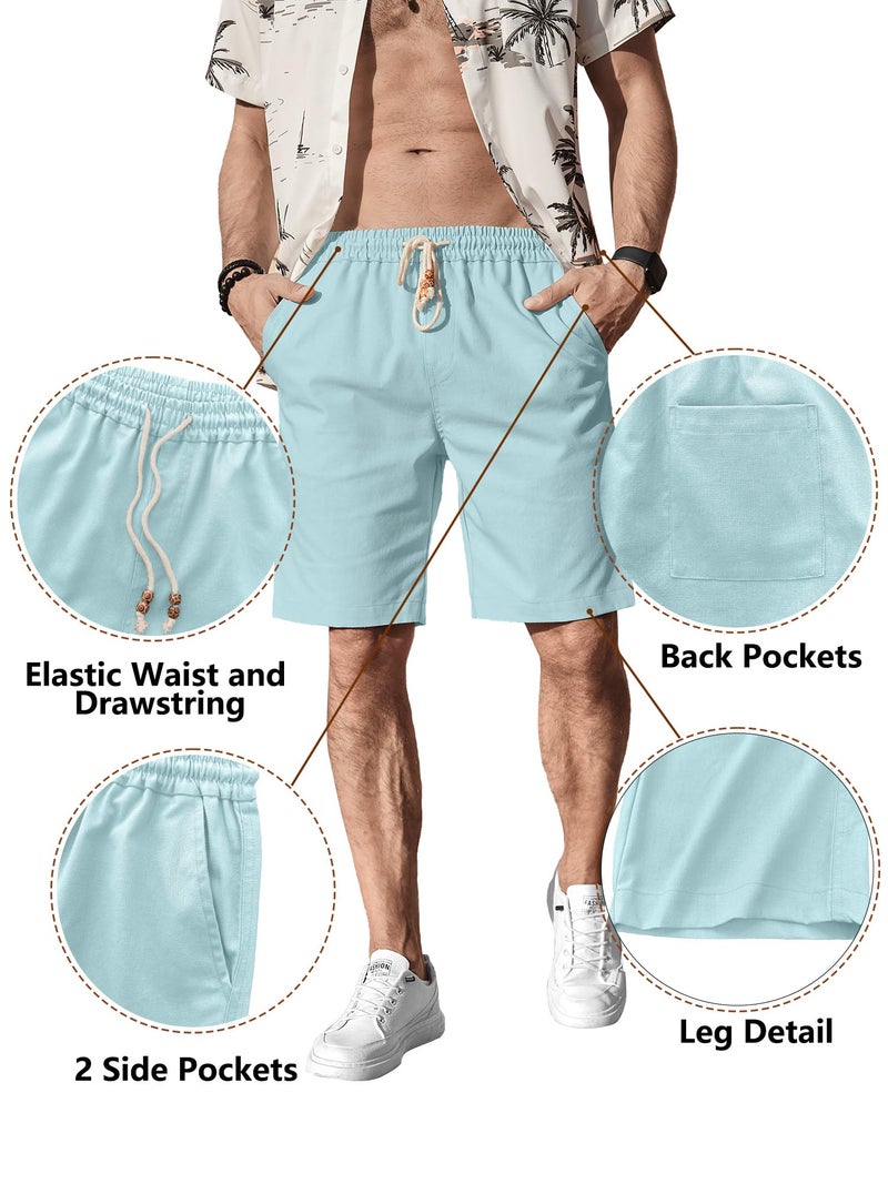 Comdecevis Men's Linen Shorts Casual Elastic Waist Drawstring Summer Beach Vacation Yoga Golf Shorts with Pockets Large Cyan Blue - Image 4