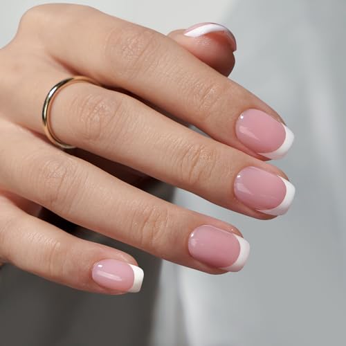 BTArtbox Press On Nails Short - Square French Tip Press On Nails, Fake Nail with Nail Glue, Natural Reusable Stick On Nails in 15 Sizes - 30 Fake Nails Kit, Silken Halo - Image 1