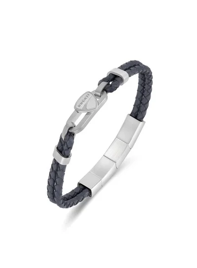 Ducati Nitro Silver Stainless Steel Grey Braided Leather Bracelet for Men 180mm