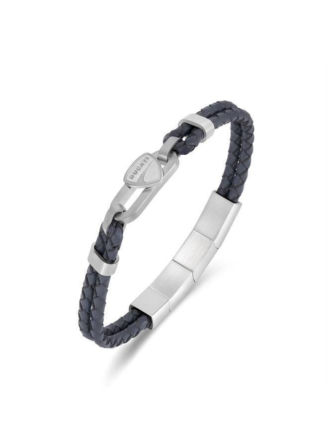 Ducati Nitro Silver Stainless Steel Grey Braided Leather Bracelet for Men 180mm - Image 1