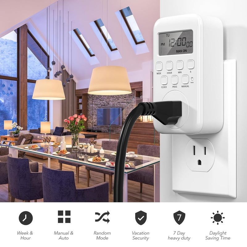 BN-LINK Indoor Digital Timer Outlet, Single Outlet 7 Day Programmable Light Switch, 3 Prong Plug in Timers for Electrical Outlets, Lamps, Fans, 8 On/Off Programs, 1 Pack, 15A/1875W, ETL Listed - Image 3