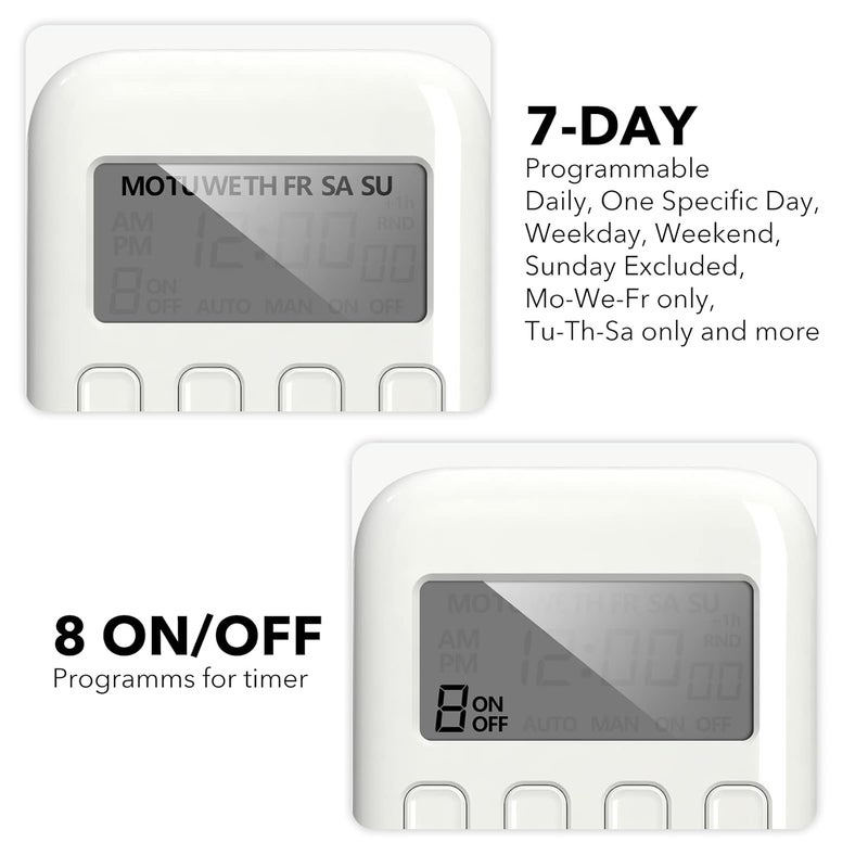 BN-LINK Indoor Digital Timer Outlet, Single Outlet 7 Day Programmable Light Switch, 3 Prong Plug in Timers for Electrical Outlets, Lamps, Fans, 8 On/Off Programs, 1 Pack, 15A/1875W, ETL Listed - Image 4