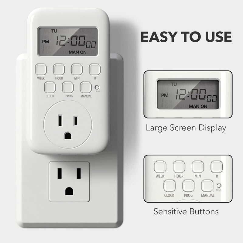 BN-LINK Indoor Digital Timer Outlet, Single Outlet 7 Day Programmable Light Switch, 3 Prong Plug in Timers for Electrical Outlets, Lamps, Fans, 8 On/Off Programs, 1 Pack, 15A/1875W, ETL Listed - Image 2