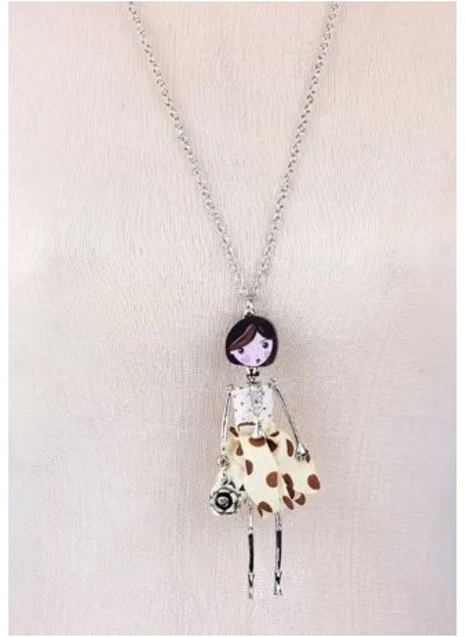 The Crafty Owl The Crafty Owl Enamel Cute French Doll Necklace with Fabric Dress Pendant - Various Designs (Brown Dots)  - Image 2
