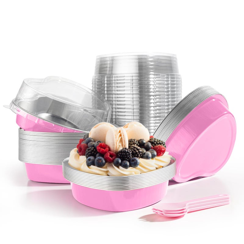 STN Mini Heart Shaped Cake Pans 9oz Aluminum Foil Cupcake Pans Disposable Heart Shaped Cake Pans with Lids Spoon for Valentine Mother's Day Birthday Wedding 25pcs (Pink) - Image 1