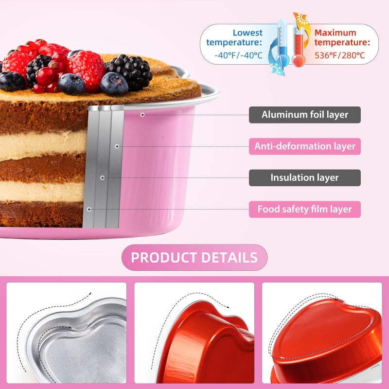 STN Mini Heart Shaped Cake Pans 9oz Aluminum Foil Cupcake Pans Disposable Heart Shaped Cake Pans with Lids Spoon for Valentine Mother's Day Birthday Wedding 25pcs (Pink) - Image 3